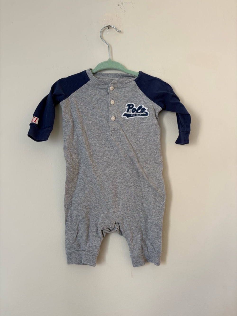 Ralph Lauren Grey & Navy Raglan Baby One-Piece 6M